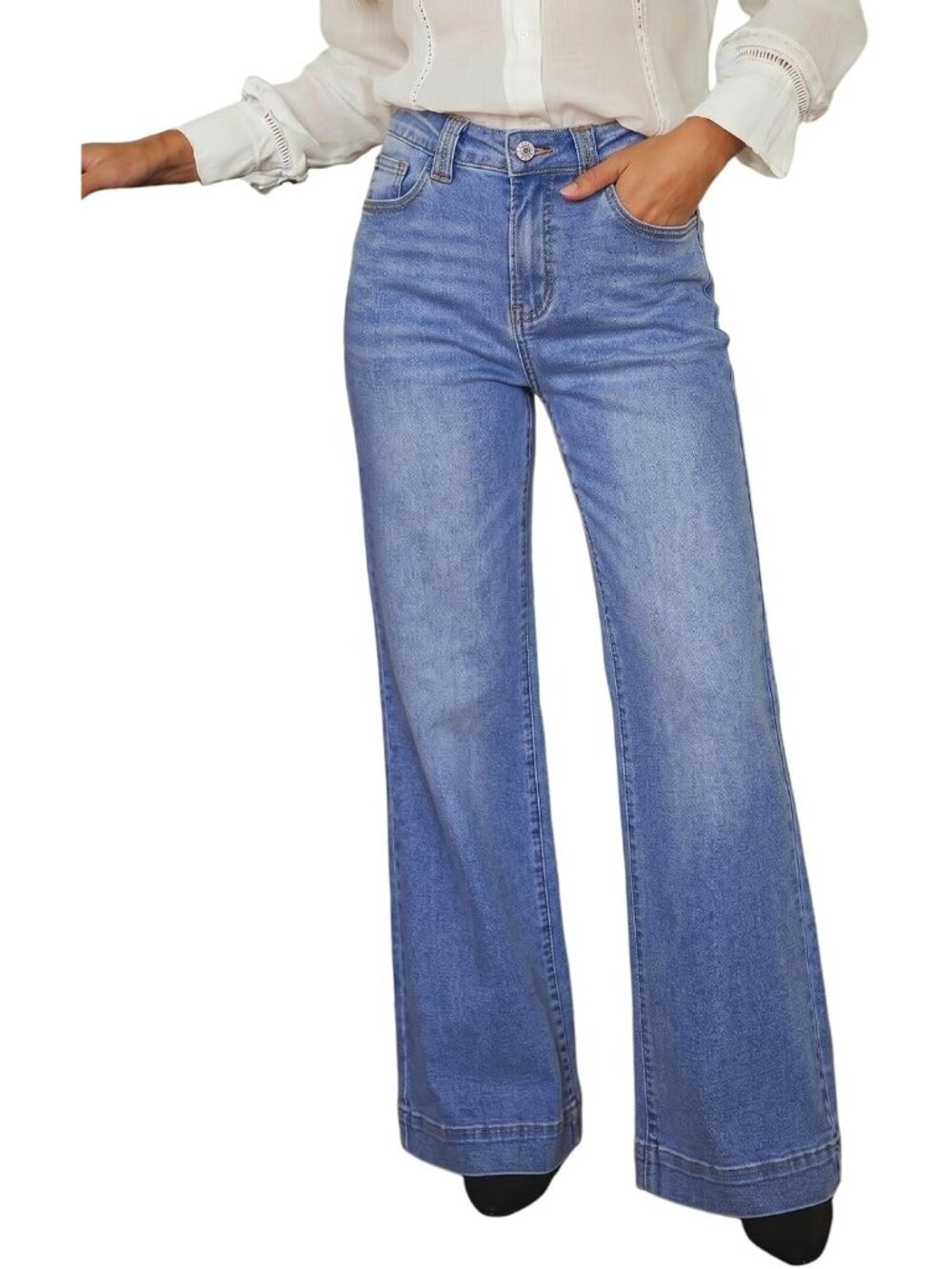 Women's Beau Blue Wide Leg Baggy Flare Jeans High Waisted Straight Leg Jeans